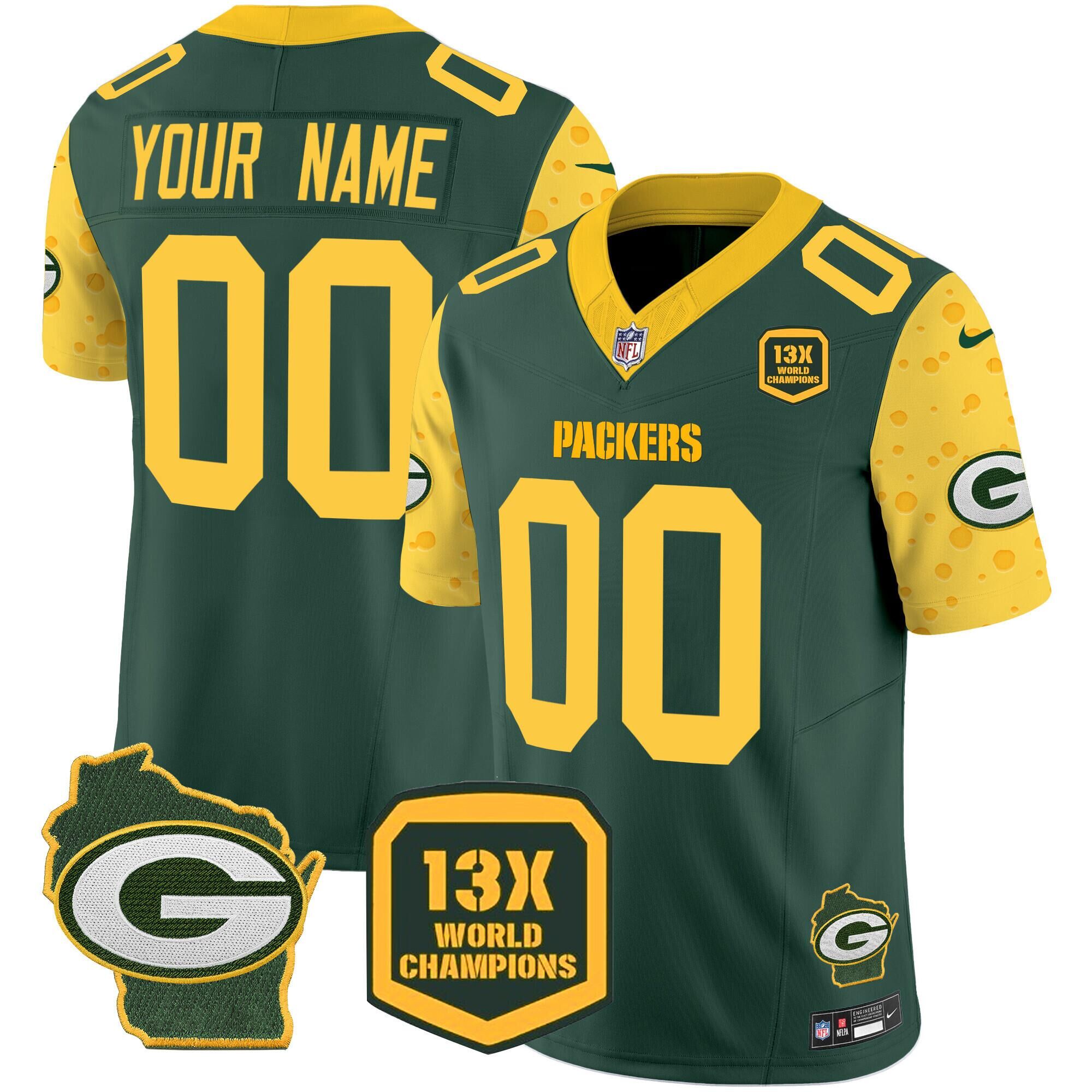 Men's Green Bay Packers ACTIVE PLAYER Custom Cheese Green 2024 F.U.S.E. Home Patch 13 Time World Champions Vapor Untouchable Limited Stitched Football Jersey